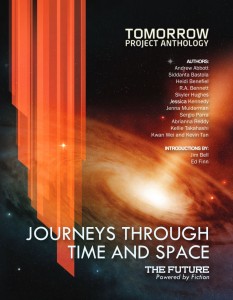 Cover of the Tomorrow Project's Journeys through Time and Space anthology, featuring an artist's rendering of a black hole.