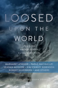 Cover of the anthology "Loosed Upon the World," showing a cloudy sky rendered in dark blues and shades of gray.